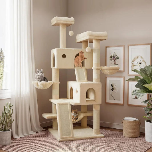 Beige Cat Tree Tower 166cm – Multi-Level Cat Condo with Hammock, Cave & Scratching Posts product image 2