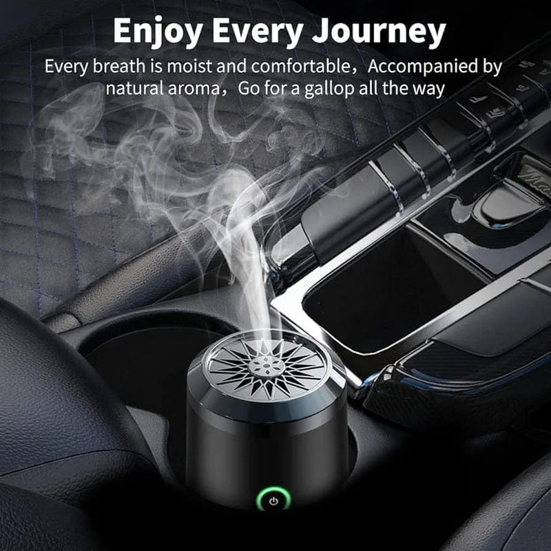 Car air freshener with steam emitting into a car's interior, promoting a sense of comfort and aroma.