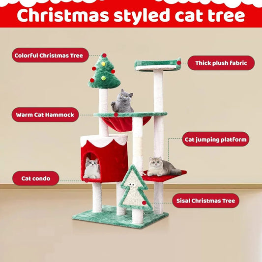 A Christmas-themed cat tree with multiple levels, perched cats, and overlaid callout labels including 'Christmas styled cat tree,' 'Colorful Christmas Tree,' 'Thick plush fabric,' 'Warm Cat Hammock,' 'Cat jumping platform,' 'Cat condo,' 'Sisal Christmas Tree,' and 'Green Christmas tree.' The background is a plain beige wall and floor.