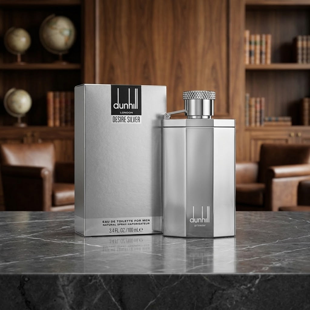 Dunhill London men's fragrance in a sleek silver rectangular bottle with a textured silver cap and box