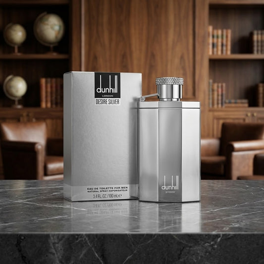 Dunhill London men's fragrance in a sleek silver rectangular bottle with a textured silver cap and box