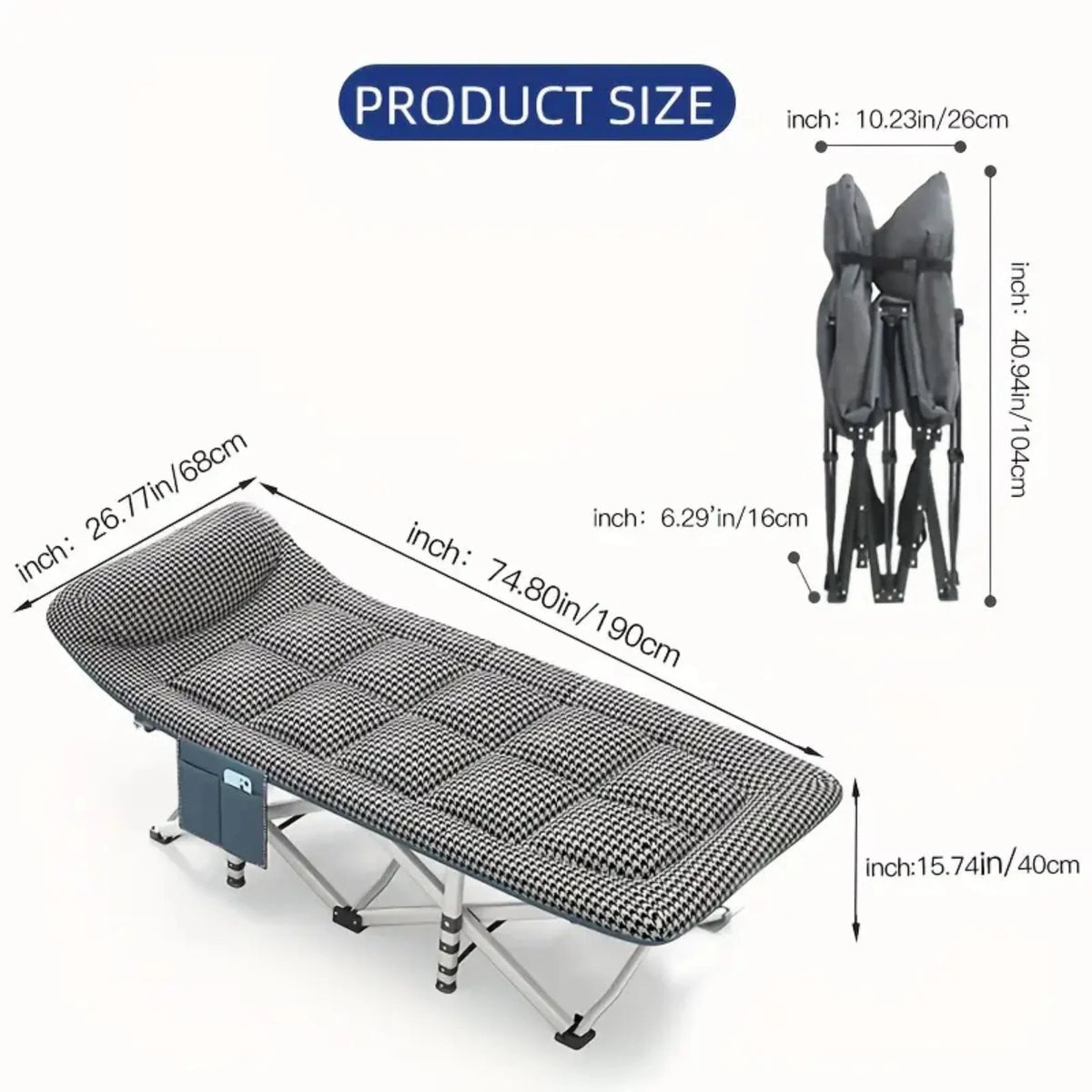 Foldable camping cot bed with padded mattress