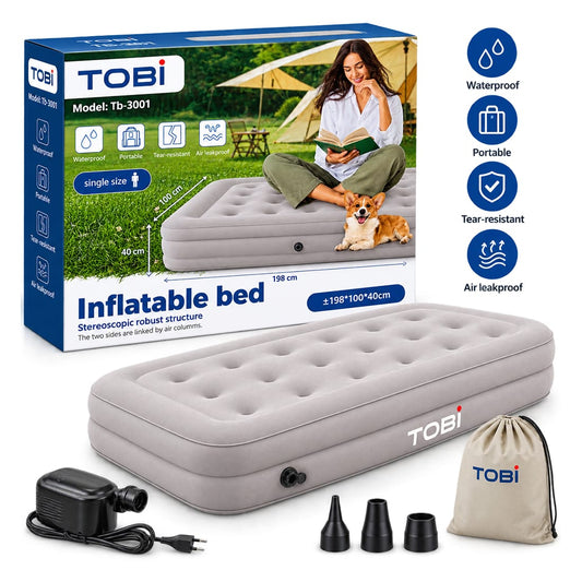 Gray inflatable air bed with comfortable tufted surface and pillow