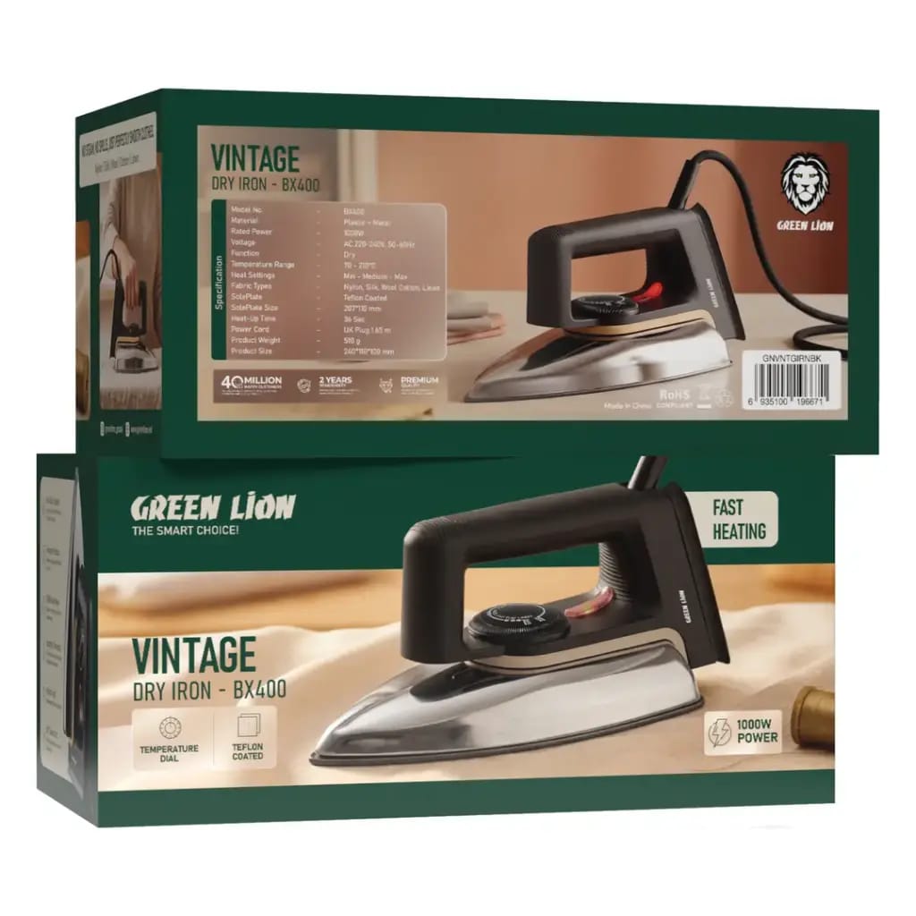 Two Green Lion Vintage Dry Iron - BX400 retail boxes stacked vertically on a white background, showing the front and back packaging designs with product imagery and specifications.