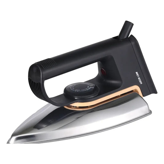 A modern steam iron with a black handle, a polished stainless steel soleplate, and a metallic rose gold accent band, shown on a solid white background.