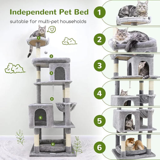 Grey Cat Tree Tower 182cm – Multi-Level Cat Condo with 2 Caves, Hammock & Scratching Posts product image 2