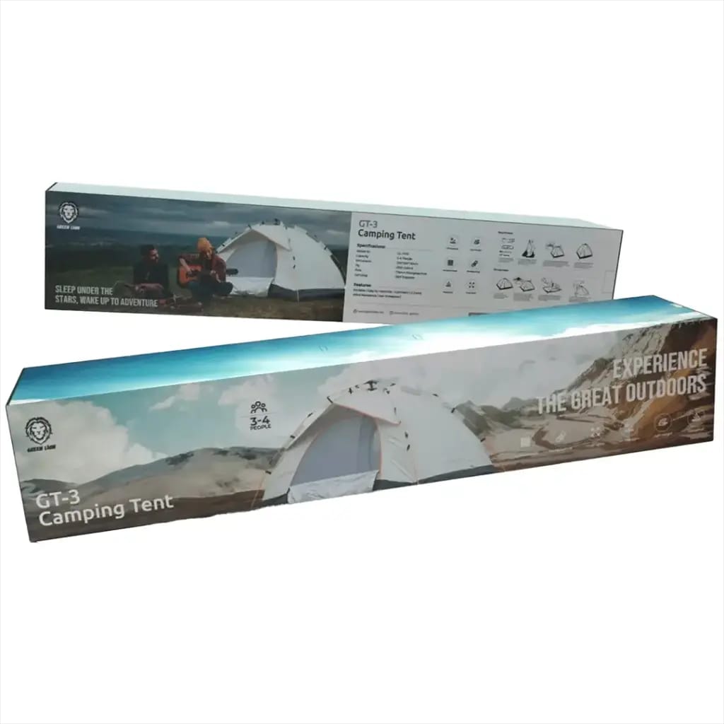 Two camping tent boxes with images and text on a white background