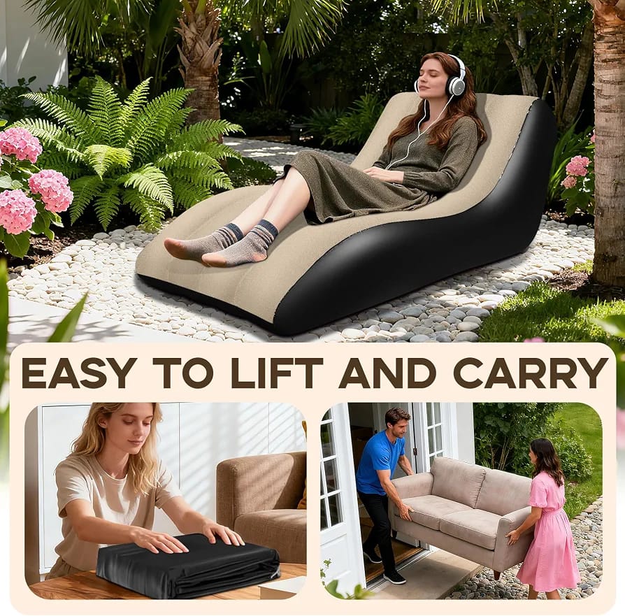 Woman relaxing outdoors on inflatable lounge chair with headphones, folded chair easy to lift and carry