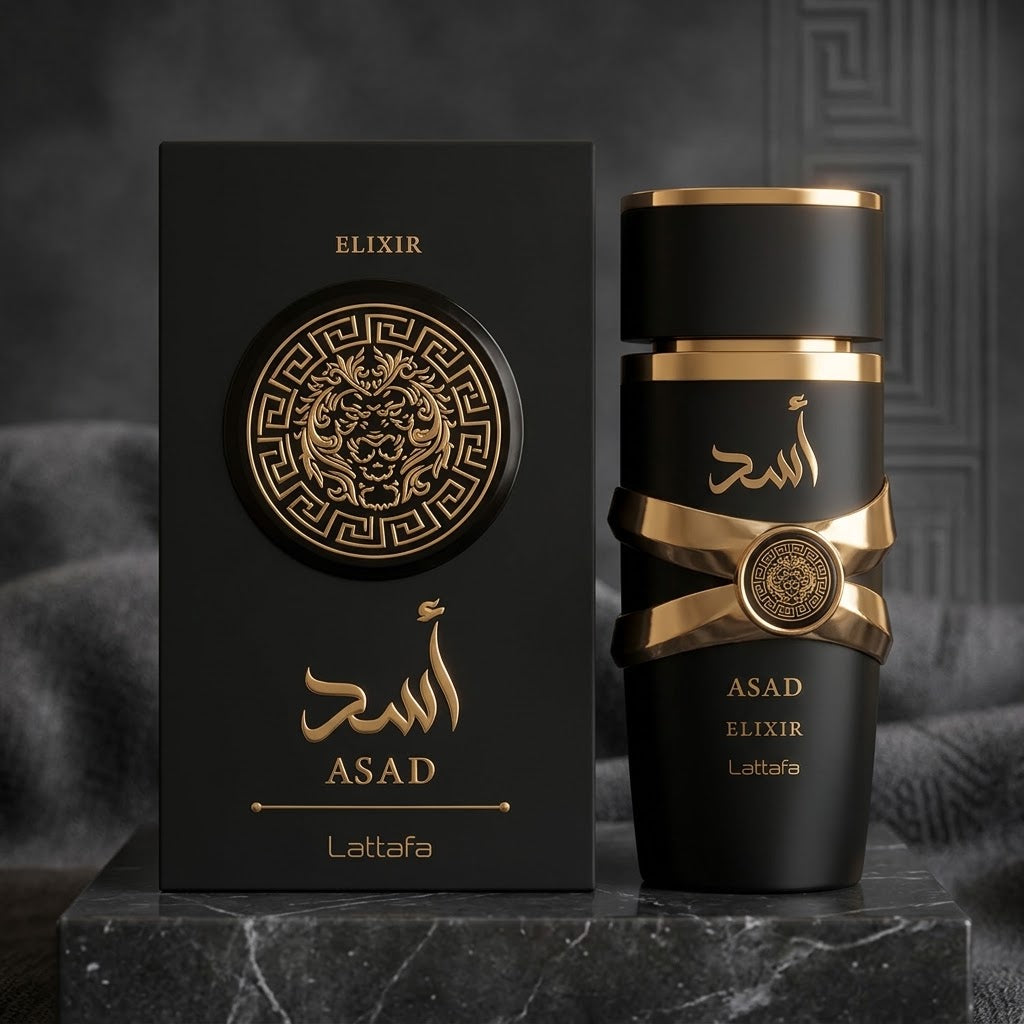 Lattafa Asad Elixir men's perfume bottle and presentation box