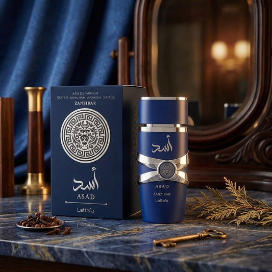 Lattafa Asad Zanzibar men's perfume with blue presentation box and matching fragrance bottle