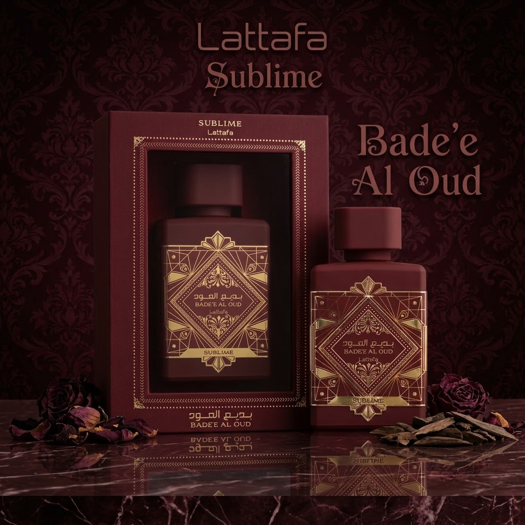 Lattafa Badee Al Oud Sublime perfume in premium red and gold packaging
