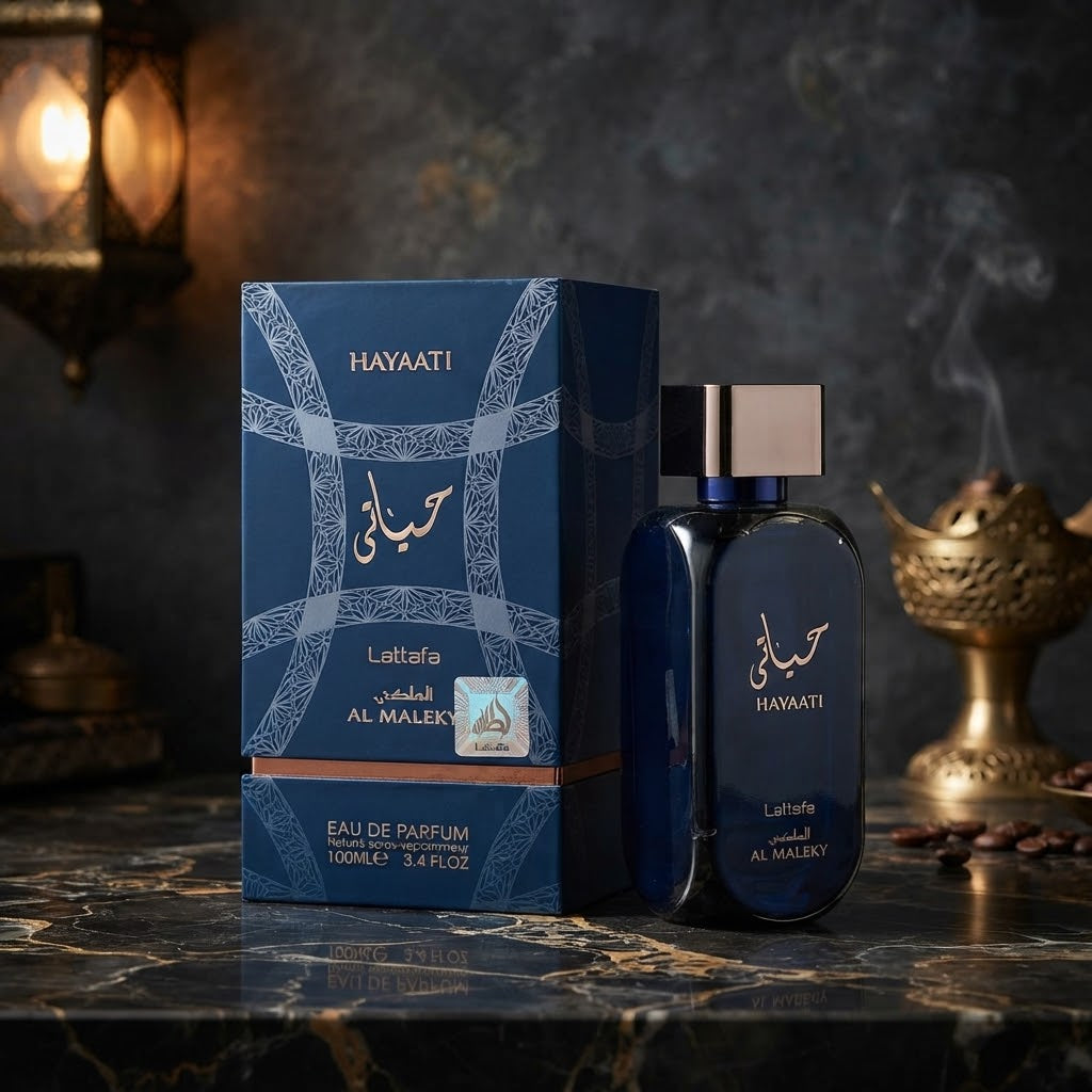 Lattafa Hayaati Al Maleky Eau de Parfum 100ml perfume bottle and box