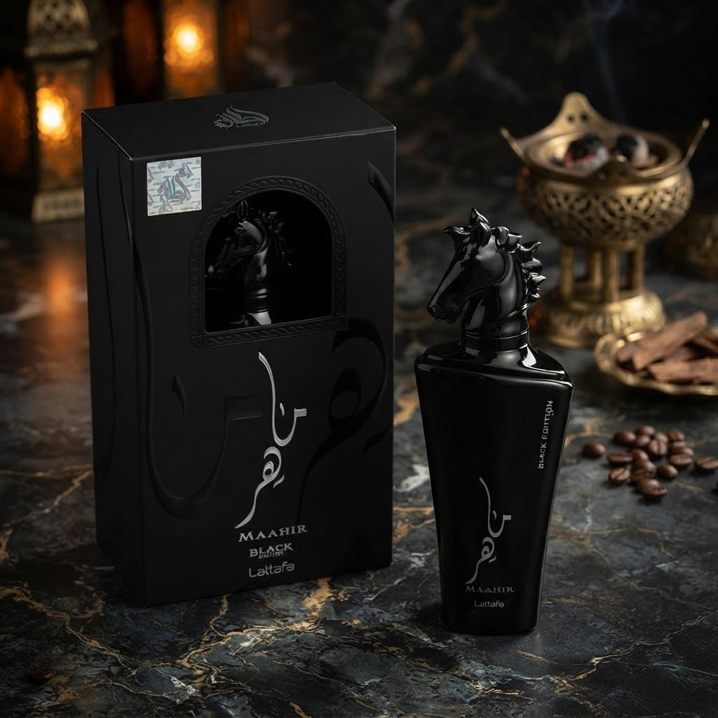Lattafa Maahir Black Edition Eau de Parfum bottle and black perfume box