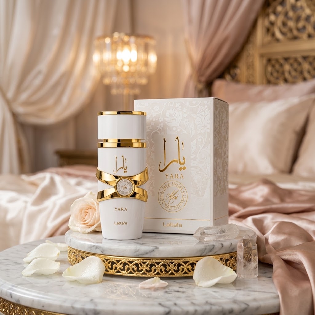 Lattafa Yara white and gold perfume bottle with matching gift box displayed on a marble stand with white rose petals, crystals, and luxurious bedroom décor.