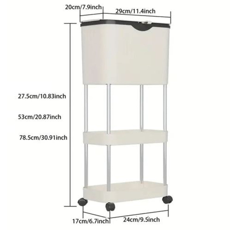 Measurement chart of a three-tier rolling cart with dimensions labeled.