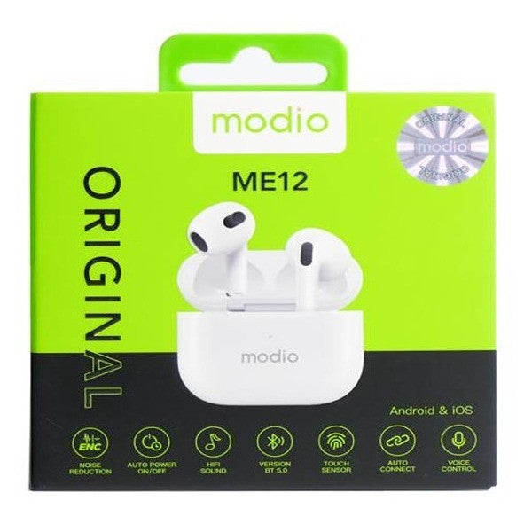 Modio ME12 Original wireless earbuds retail packaging, featuring a bright lime green and black box with a photo of the white earbuds in their charging case.