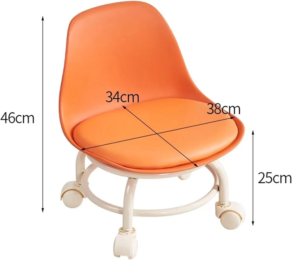 An orange molded plastic child's desk chair with a cream-colored metal base and casters, overlaid with dimension lines and text showing measurements of 46cm height, 34cm seat width, 38cm seat depth, and 25cm wheel height.