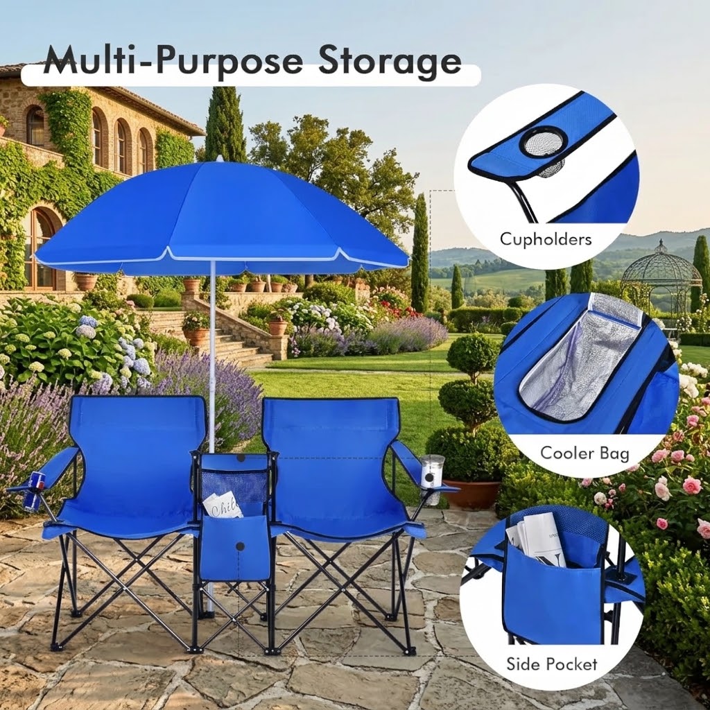 Portable double camping chair with blue shade umbrella, cup holders, and storage pockets