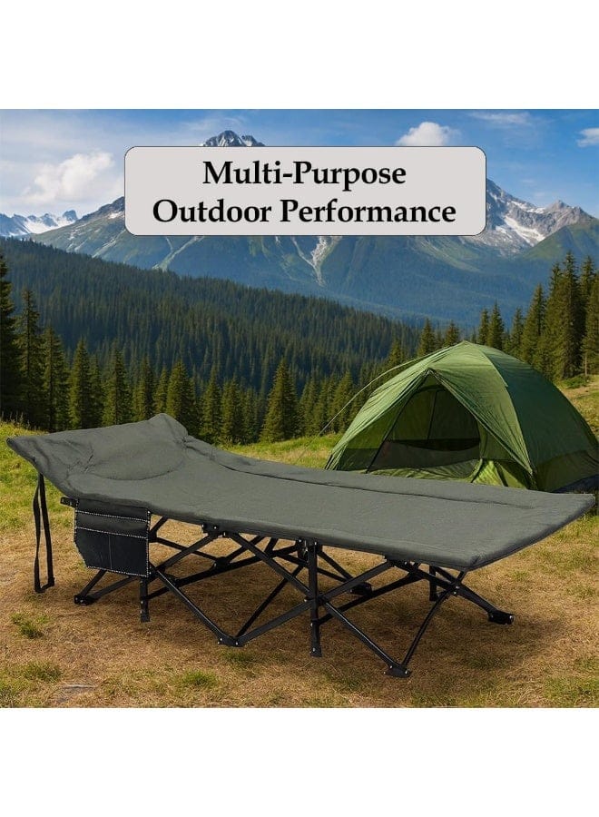 A dark gray outdoor camping cot with a side storage bag, displayed in a mountain forest setting next to a green tent. A text overlay at the top reads 'Multi-Purpose Outdoor Performance'.