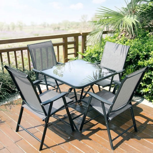 5-piece outdoor dining set with black steel frame on a wooden balcony deck