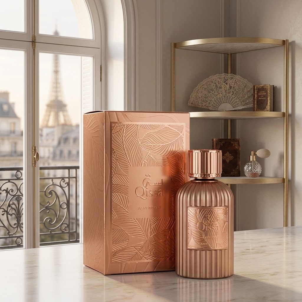A rose gold perfume bottle and its matching embossed box from Maison de Dior, displayed on a marble counter in a luxury room with a window showing the Eiffel Tower in the background.
