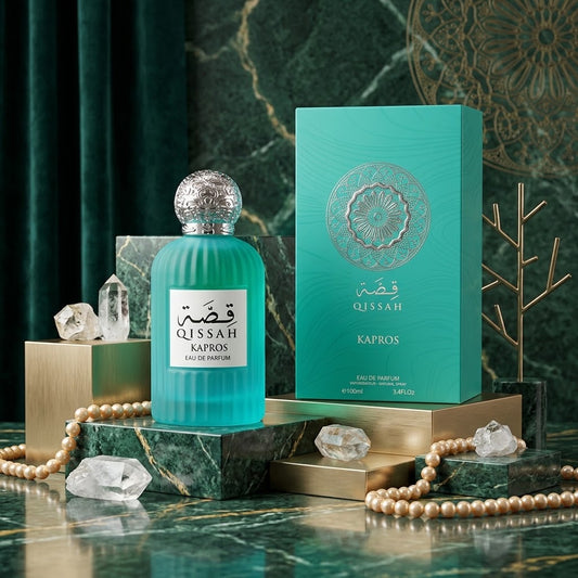 Qissah Kapros Eau de Parfum turquoise bottle with matching presentation box and silver-tone cap
