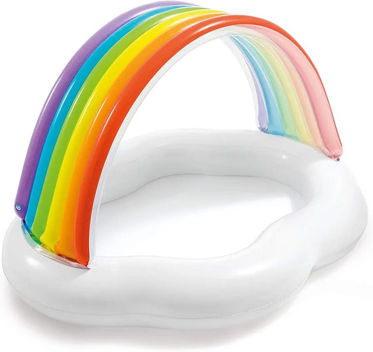 Inflatable pool float with a rainbow arch on a white background