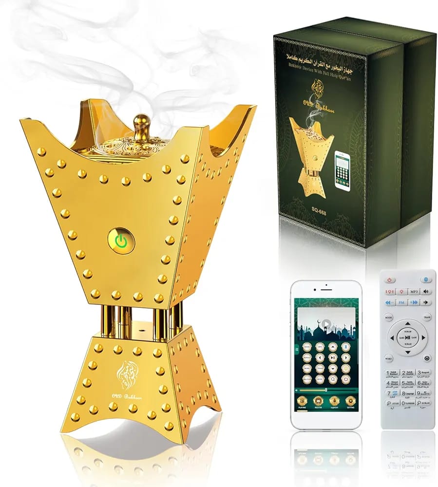 Gold electronic device with app interface, remote control, and packaging on a white background