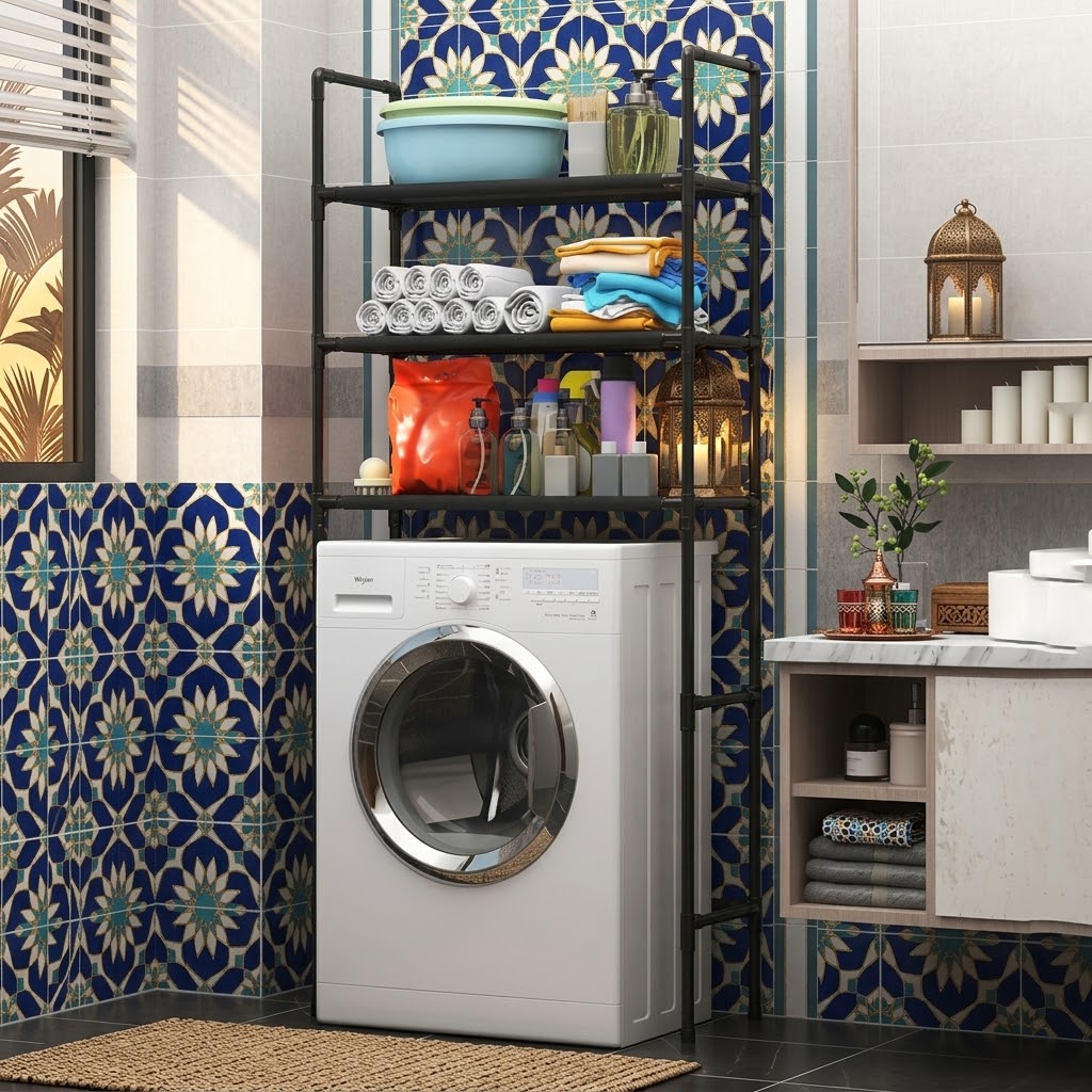A black metal laundry utility rack holding a white front-loading washing machine in a tiled bathroom or laundry room. The rack has four shelves stocked with towels, detergents, and household items, set against blue and white patterned tile walls.