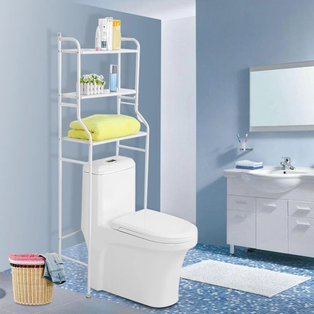 Bathroom setup with a toilet, over-the-toilet shelf, and sink.