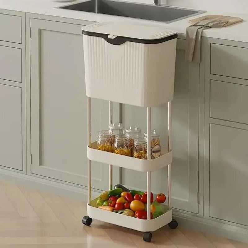 Kitchen cart with storage bins and a tray of fruits and vegetables in a kitchen setting.