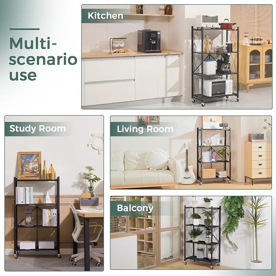 4-Tier Foldable Storage Rack with Wheels – Heavy Duty Metal Shelving Unit for Kitchen, Garage & Home Storage product image