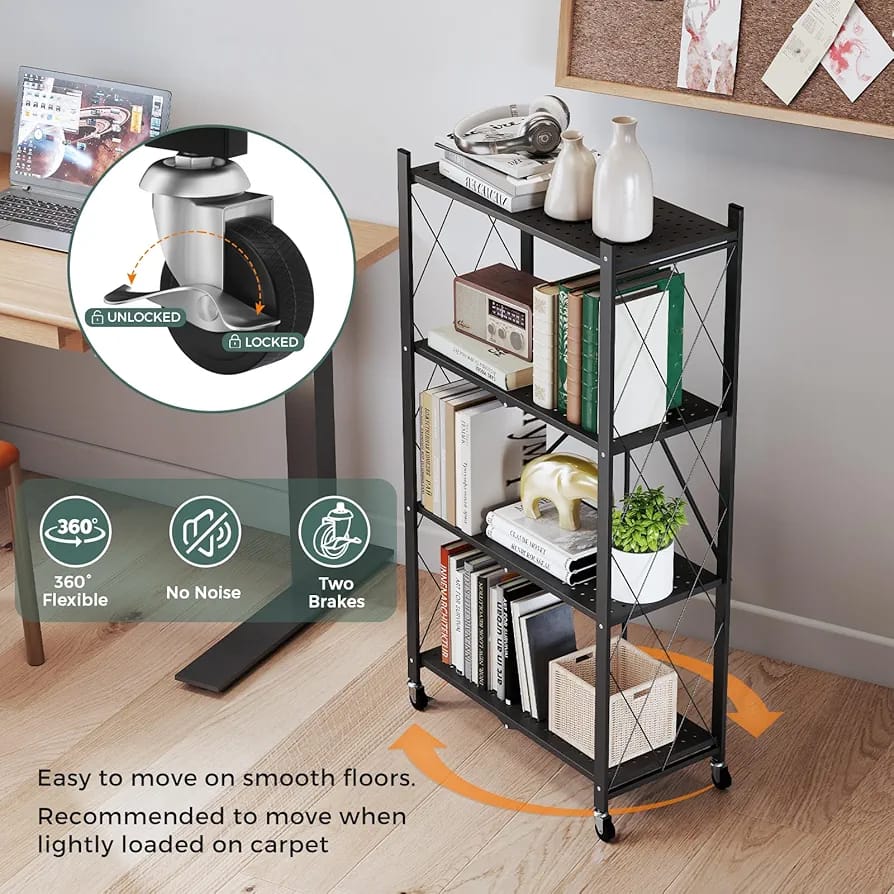 4-Tier Foldable Storage Rack with Wheels – Heavy Duty Metal Shelving Unit for Kitchen, Garage & Home Storage product image 2
