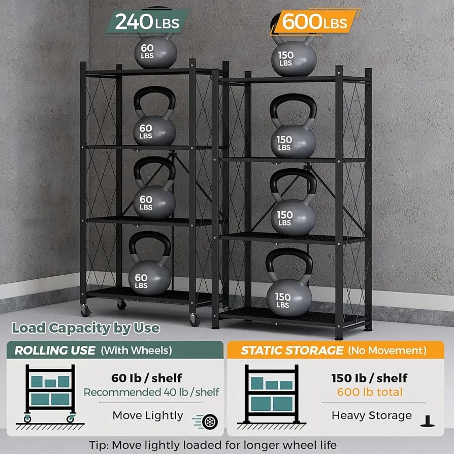 4-Tier Foldable Storage Rack with Wheels – Heavy Duty Metal Shelving Unit for Kitchen, Garage & Home Storage product image 3