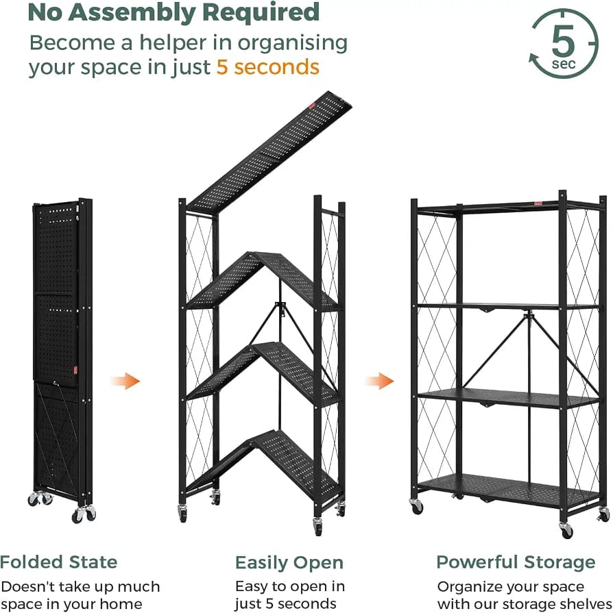 4-Tier Foldable Storage Rack with Wheels – Heavy Duty Metal Shelving Unit for Kitchen, Garage & Home Storage product image 4