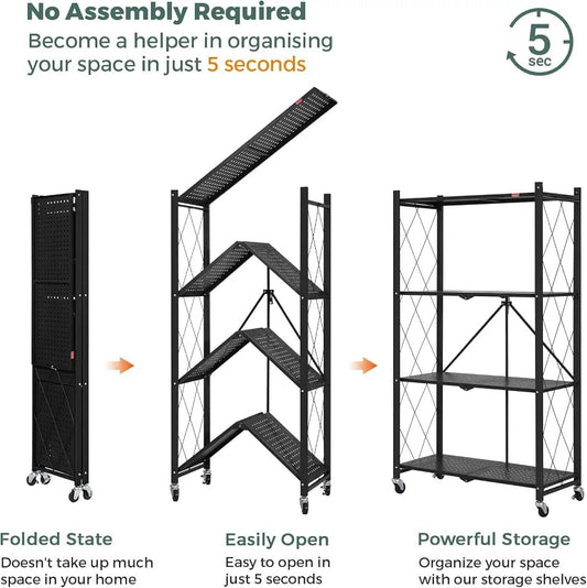 4-Tier Foldable Storage Rack with Wheels – Heavy Duty Metal Shelving Unit for Kitchen, Garage & Home Storage product image 4