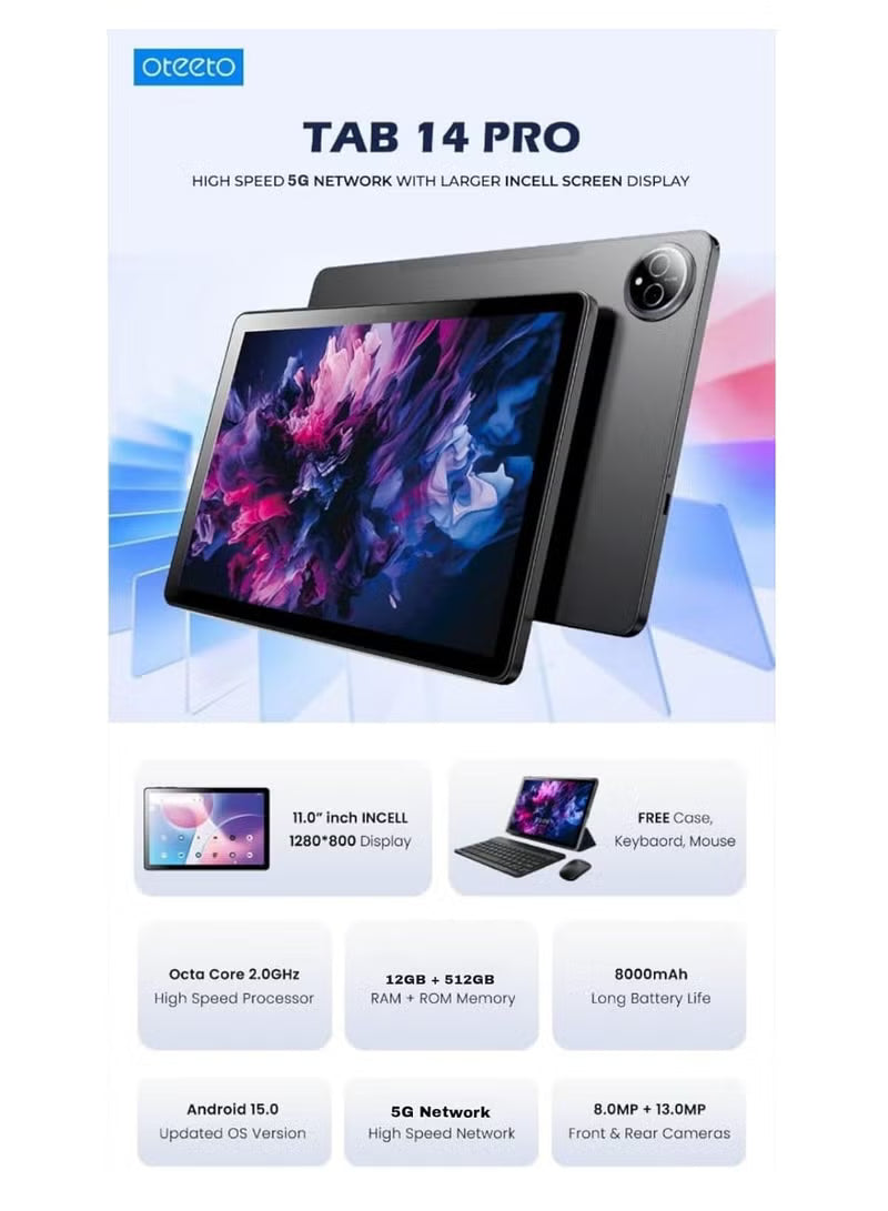 Oteeto Tab 14 Pro Stylus 10.1" Android Tablet – 8GB RAM, 256GB Storage, Stylus Pen, Dual SIM product image 3