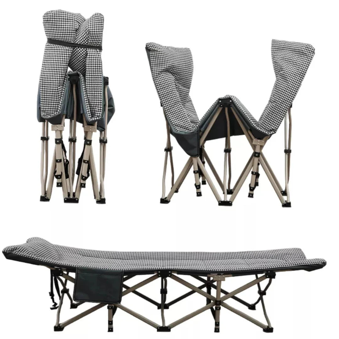 Portable outdoor sleeping cot folded for storage