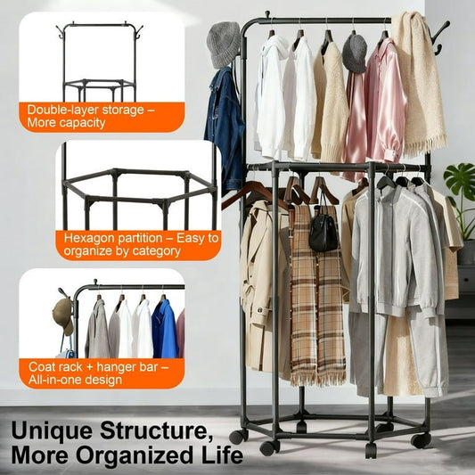 Double-layer rolling garment rack with wheels and hat hooks Qatar