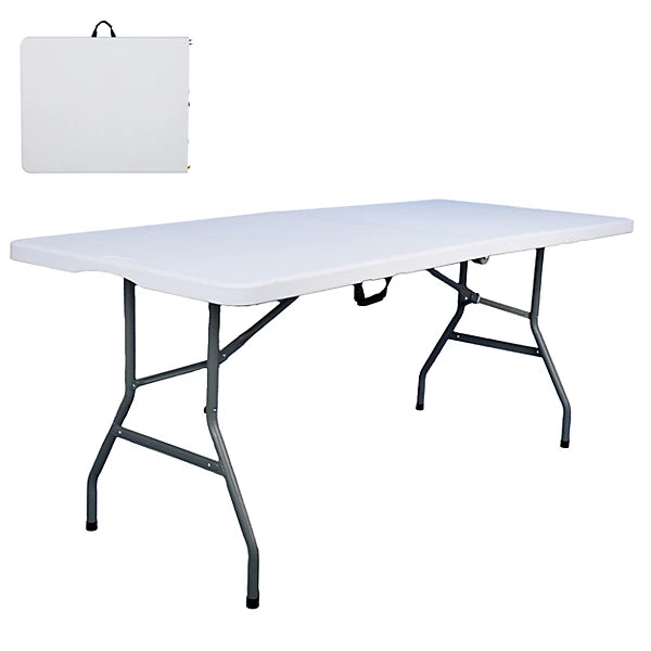Portable fold-in-half table with steel legs and anti-slip feet, easy to store