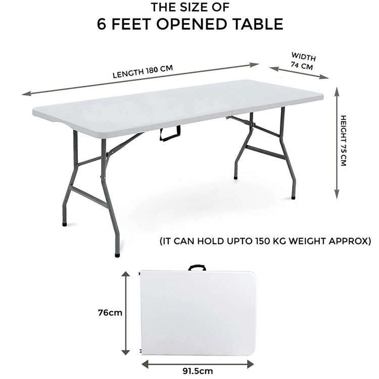 6ft folding table size chart: 180cm length, 74cm width, 75cm height, holds up to 150kg
