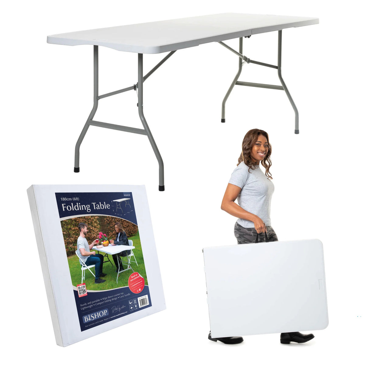  Woman carrying 6ft fold-in-half folding table by its handle, portable table