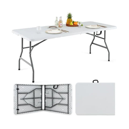 6ft folding table opened, folded in half and carry handle view
