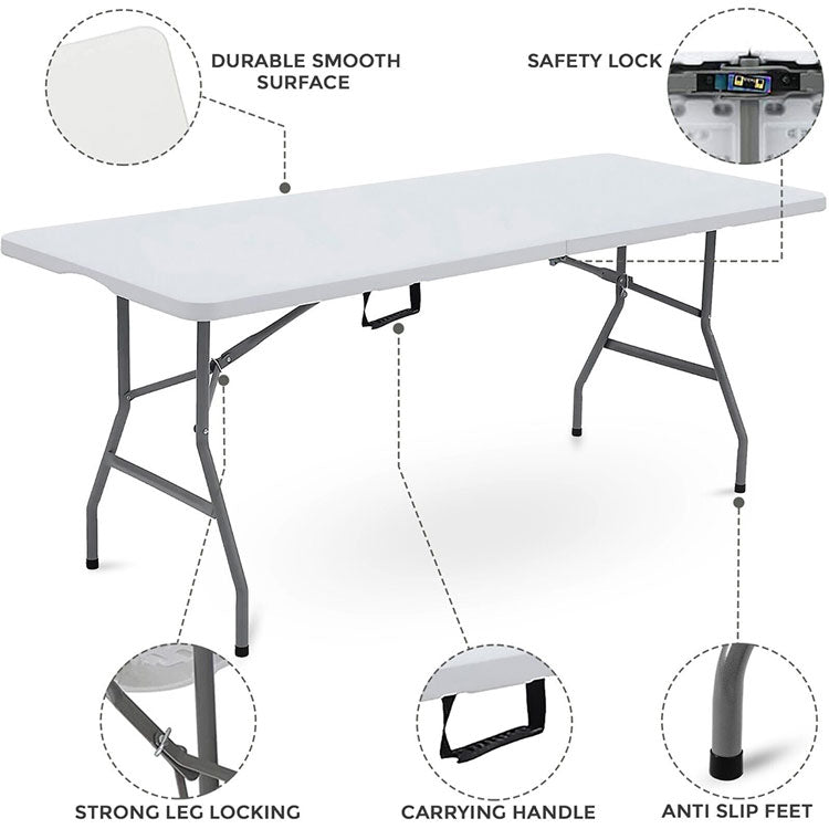 6ft folding table features: durable smooth surface, safety lock, strong leg locking, carrying handle, anti-slip feet