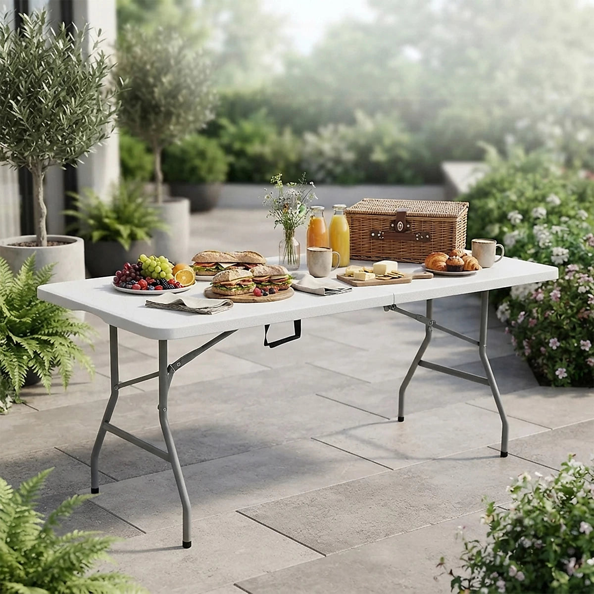 6ft plastic folding table in a garden party and BBQ setup with dishes and drinks