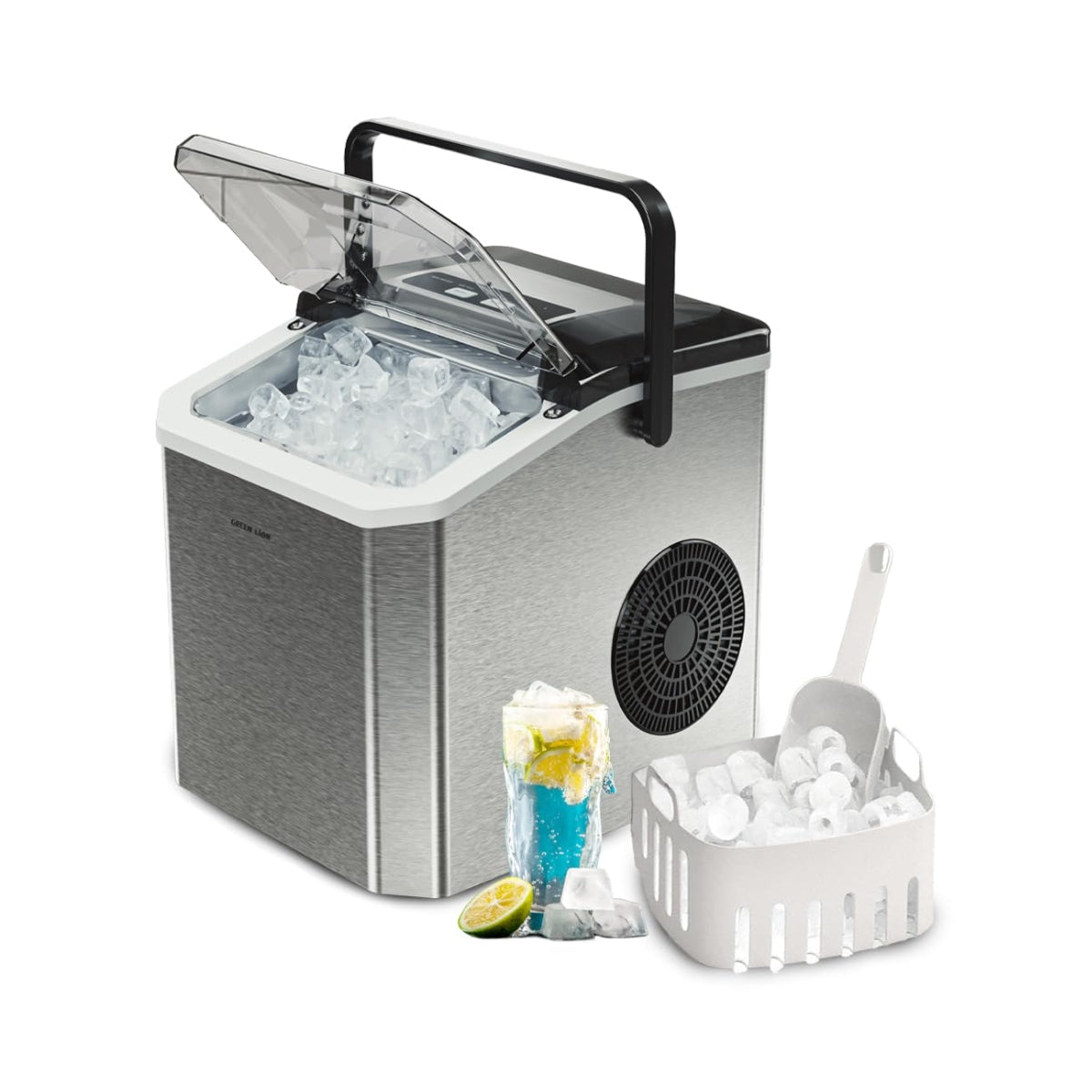 Green Lion ice maker machine making ice cubes