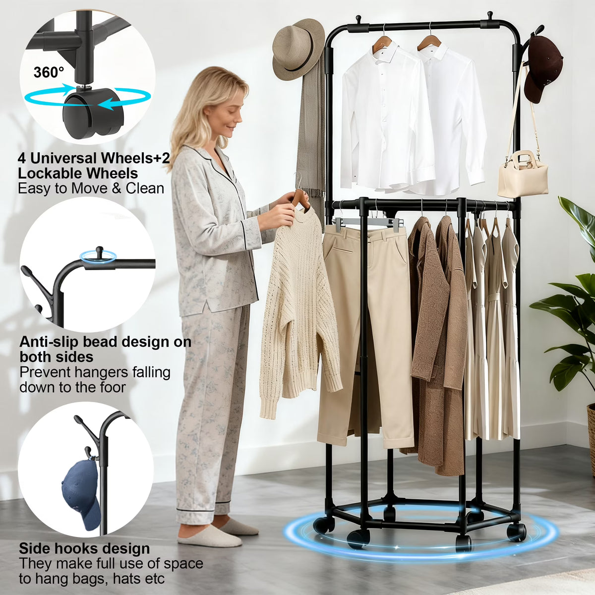 Garment rack with double rod clothes hanging