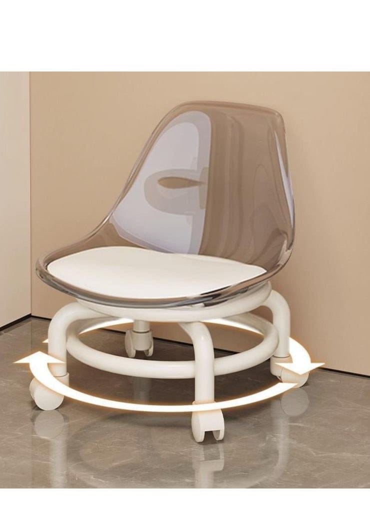 A modern swivel desk chair with a clear, transparent backrest, a white padded seat, and a white wheeled base with a circular light strip underneath, set against a beige wall and gray floor.