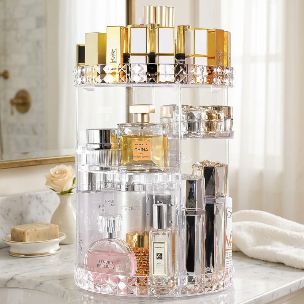 A clear acrylic rotating perfume organizer filled with assorted fragrance bottles, shown on a bathroom counter in a real interior setting with marble, a towel, and toiletries visible.
