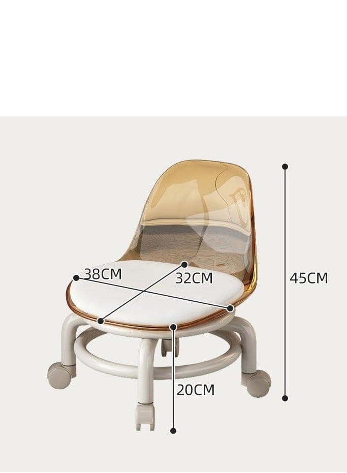 A child's swivel chair with a translucent amber-tinted plastic seat, a white upholstered seat cushion, and a white five-wheeled base, shown with dimension lines and labels indicating measurements of 45CM height, 38CM width, 32CM depth, and 20CM wheel-to-base height.